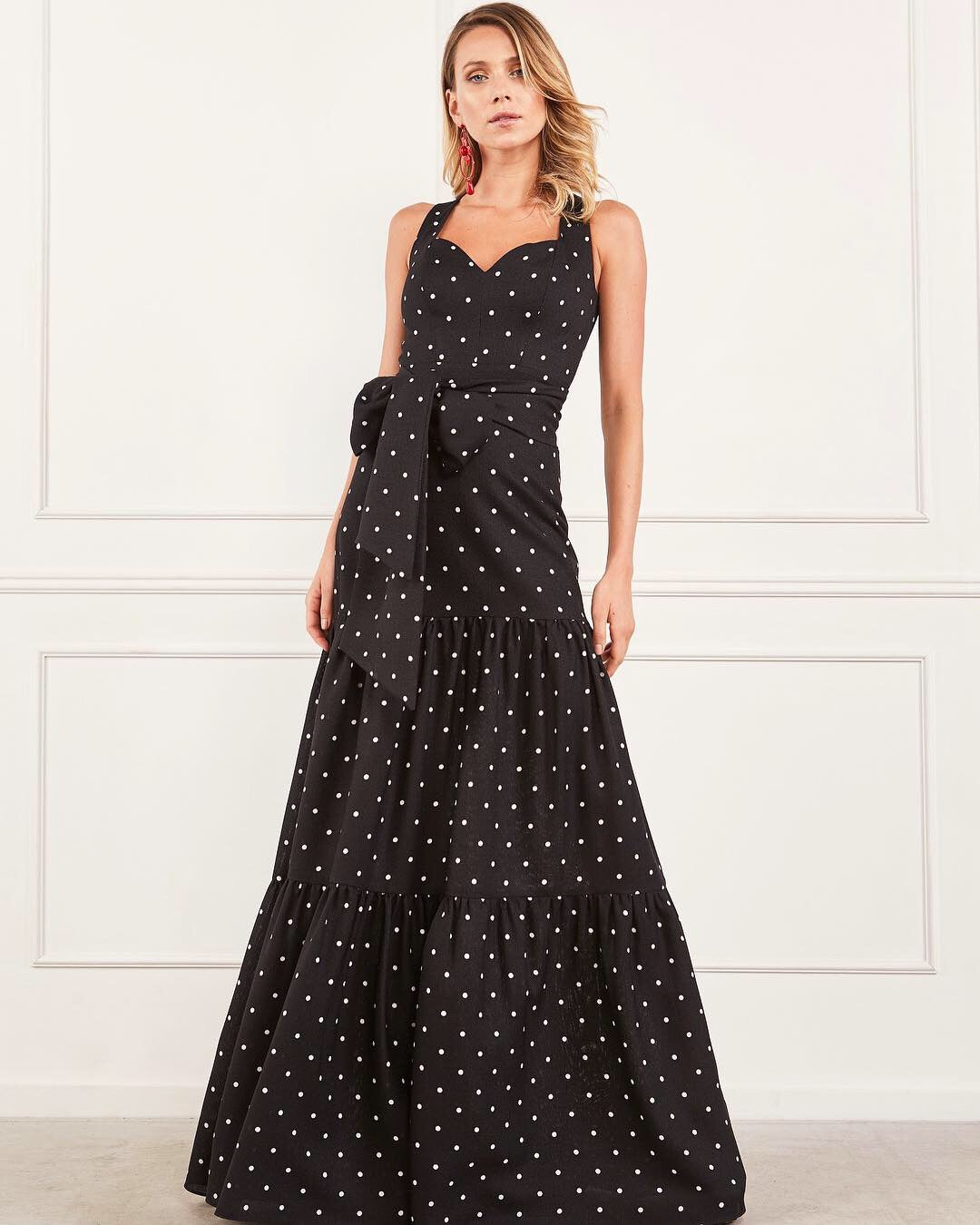 Black and White Polka Dots Sleeveless Layered Long Dress