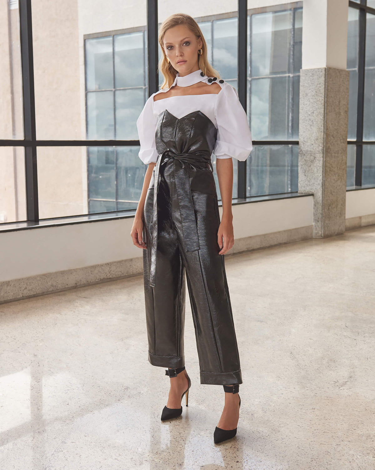Black Vinyl Strapless Jumpsuit