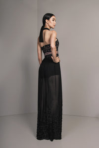 Nude and Black Floral Applique Halter Long Dress