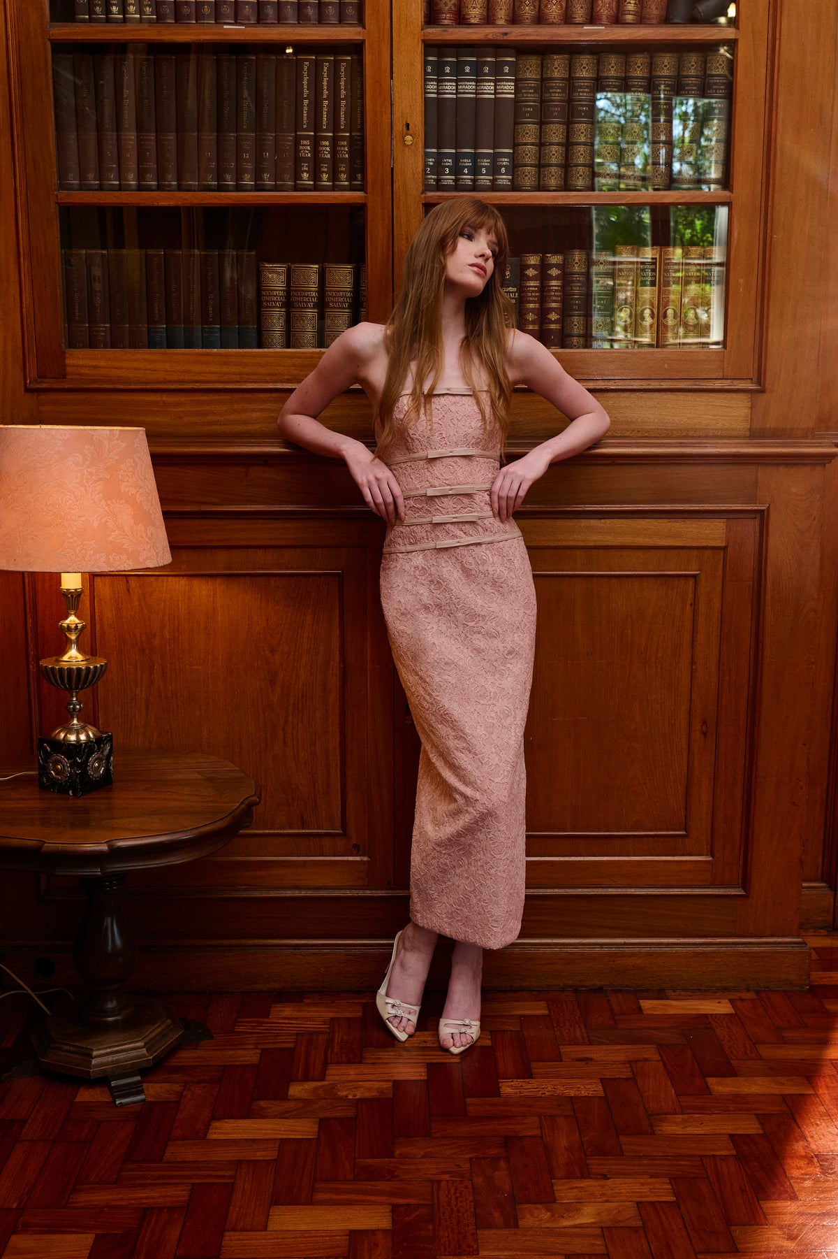 Dusty Rose Velvet Lace Strapless Midi Dress