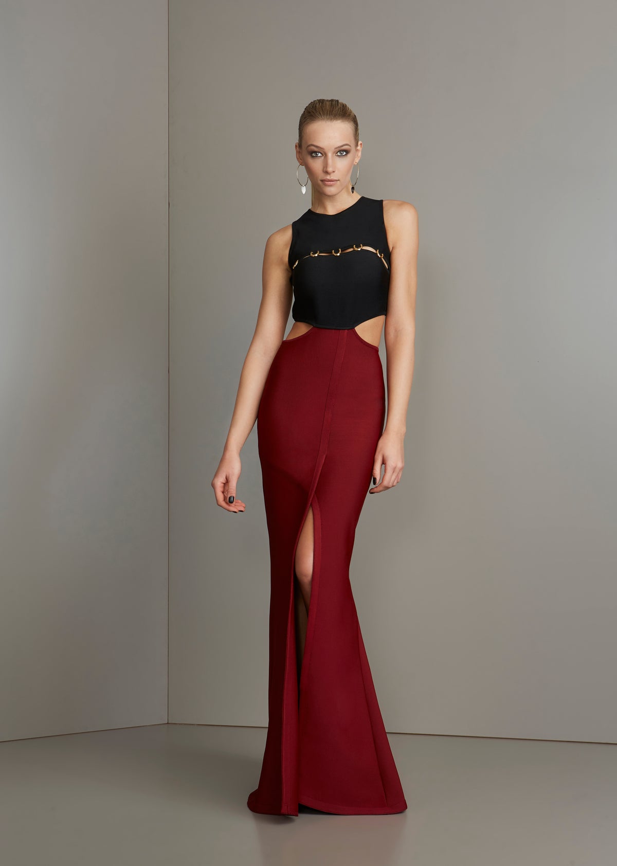 Black and Burgundy Bandage Dress with Back Cutout