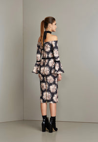 Black Off the Shoulders Halter Dress with Nude Floral Pattern