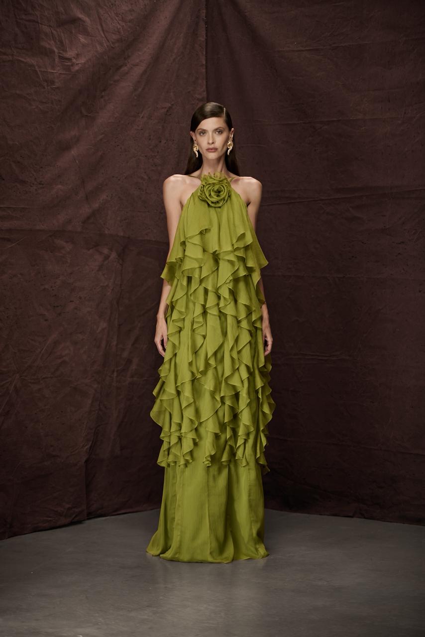 Olive Green Sleeveless Layer Ruffle Center Rosette Detail Long Dress