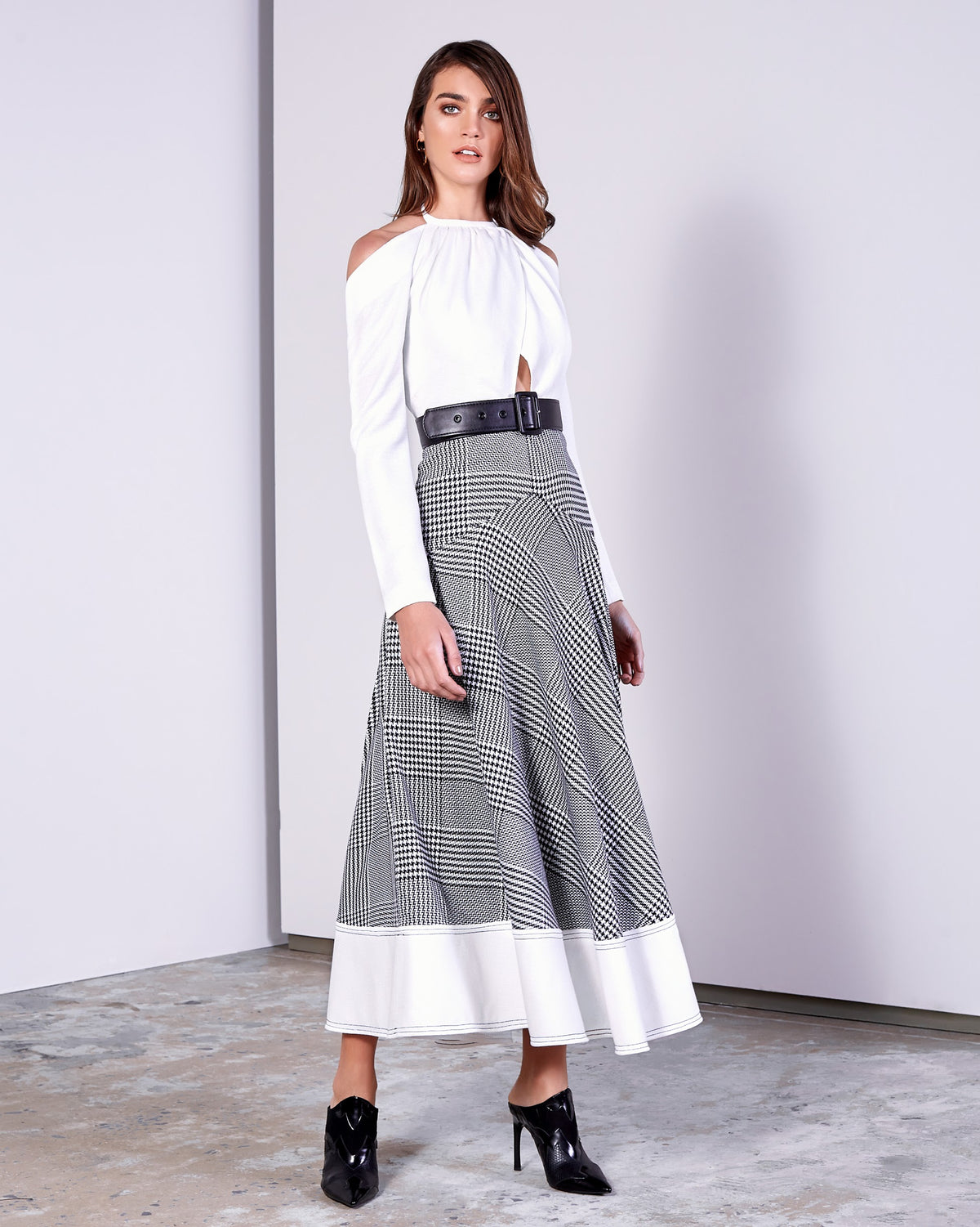 White and Houndstooth Halter Open Back Midi Dress