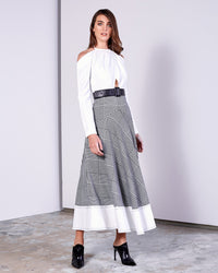 White and Houndstooth Halter Open Back Midi Dress