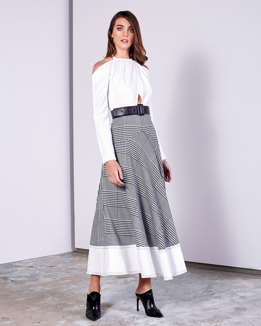 White and Houndstooth Halter Open Back Midi Dress