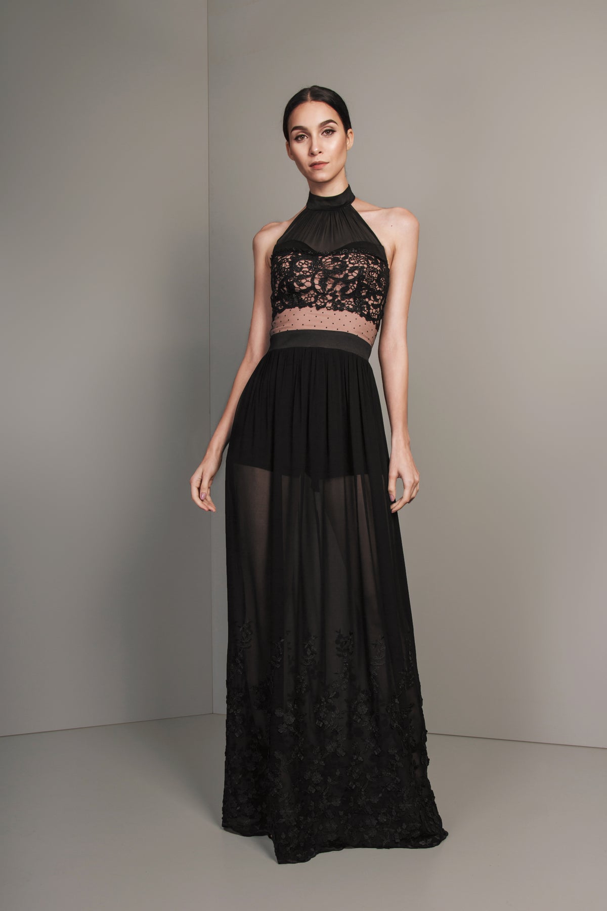 Nude and Black Floral Applique Halter Long Dress