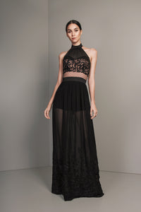 Nude and Black Floral Applique Halter Long Dress