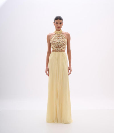 Canary Yellow Gown with Pearl Beaded Halter