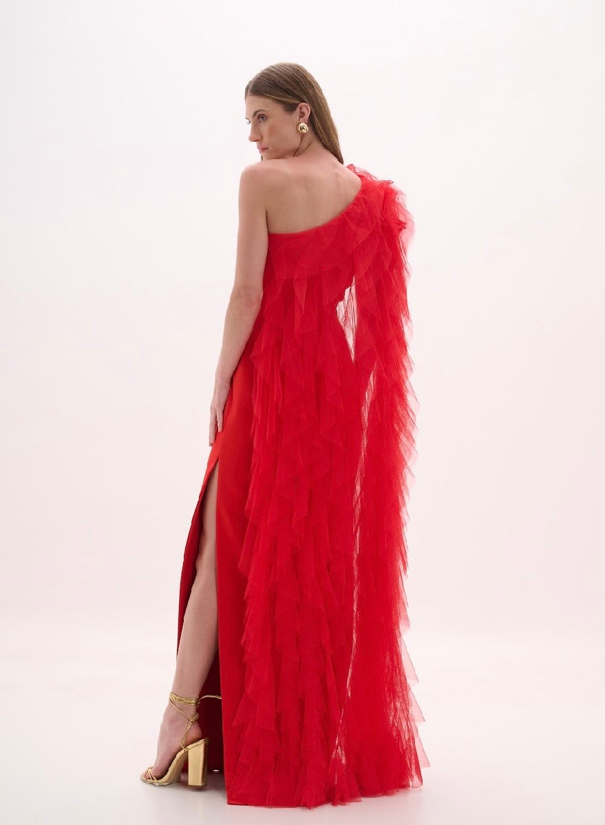 Red One Shoulder Satin Tulle Cape Gown