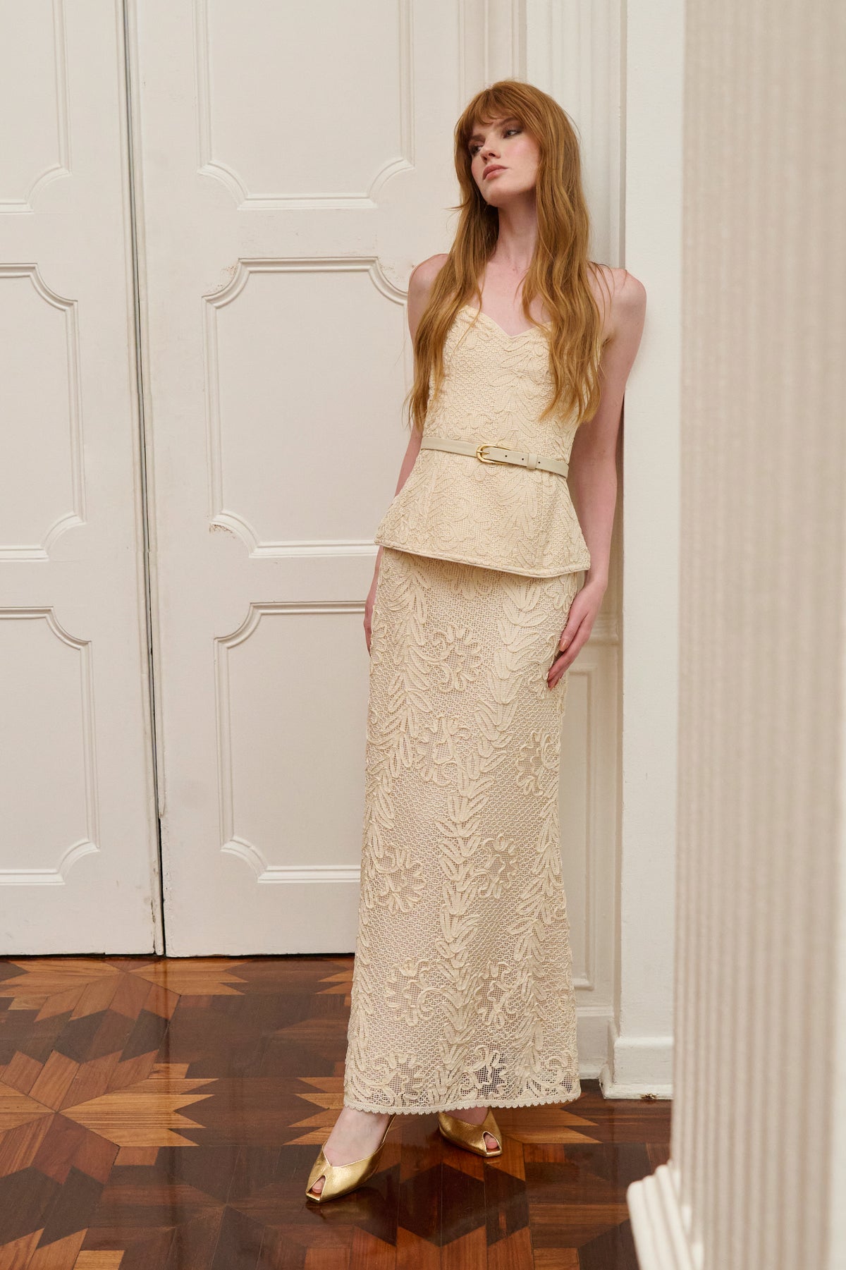 Cream Two Piece Hand Woven Sweetheart Corset Neckline and Matching Midi Skirt