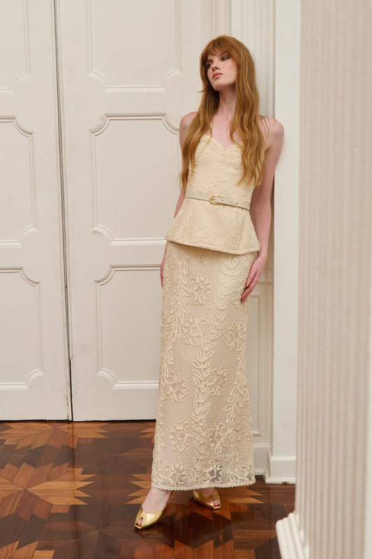 Cream Two Piece Hand Woven Sweetheart Corset Neckline and Matching Midi Skirt