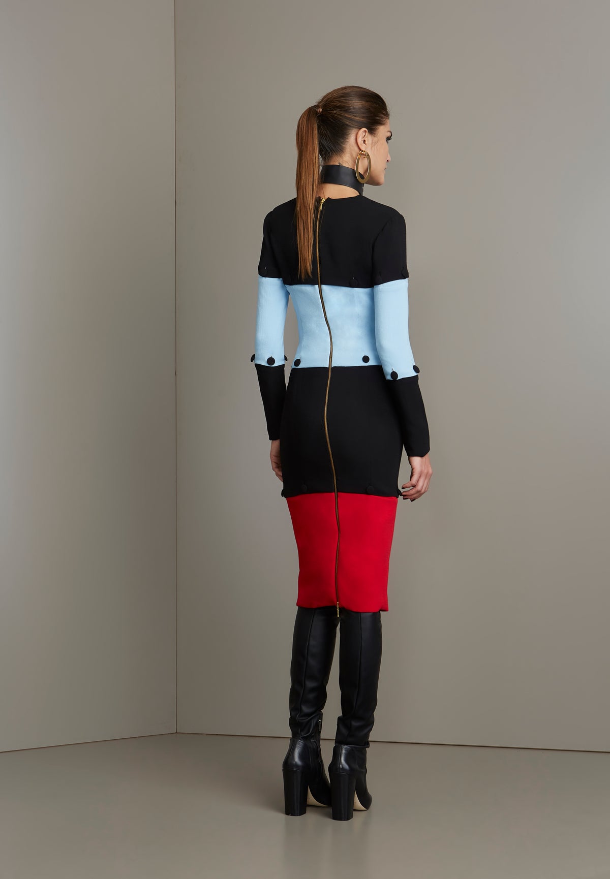 Black Tri Color Long Sleeved Midi Dress