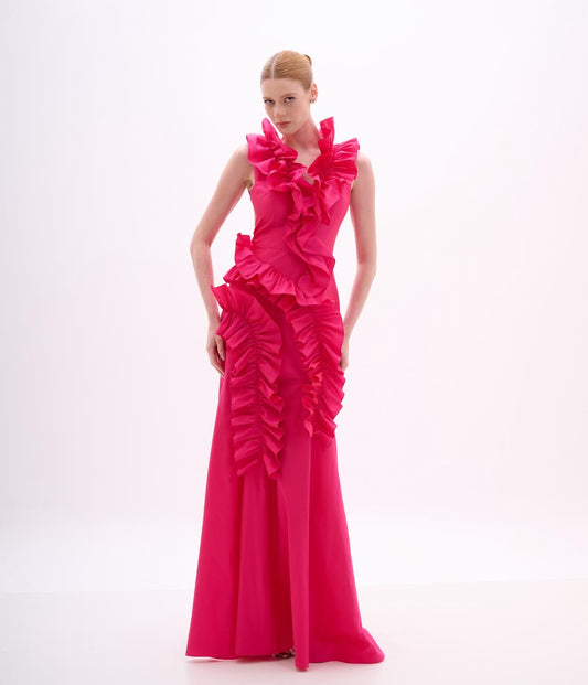 Fuchsia Sleeveless Gown with Ruffle Applique