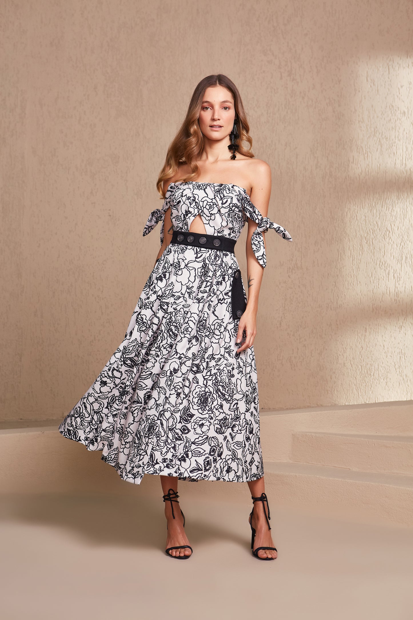 Nude and Black Floral Pleated Midi