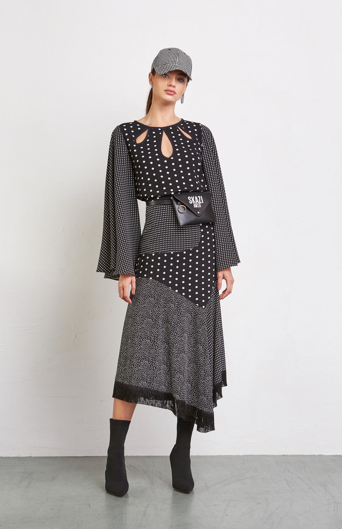 Black and White Polka Dots Midi Flare Skirt with Fringes