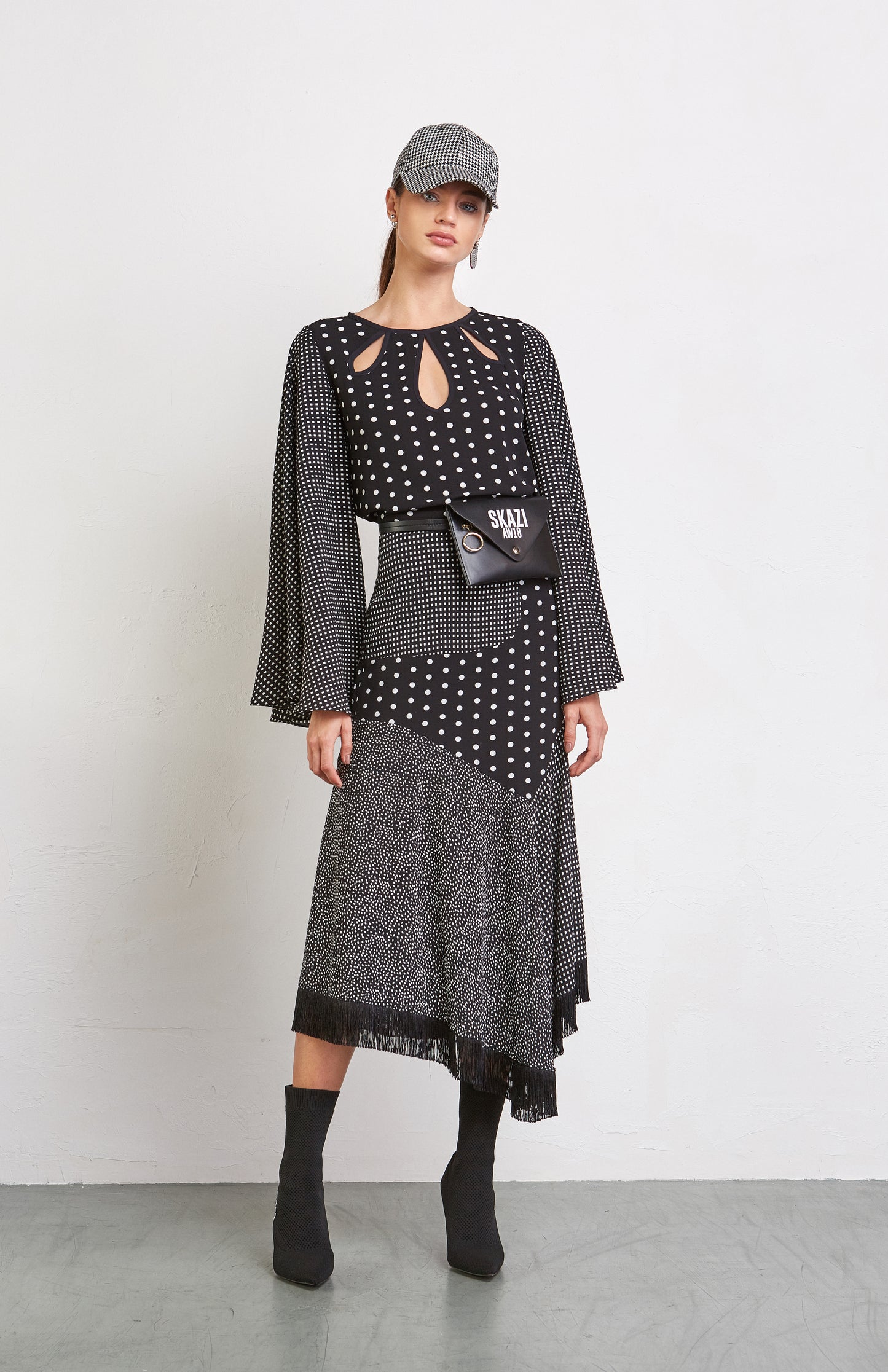 Black and White Polka Dots Midi Flare Skirt with Fringes