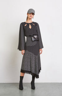 Black and White Polka Dots Midi Flare Skirt with Fringes