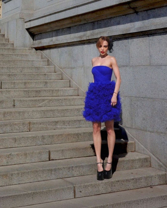 Royal Blue Strapless Mini Dress with Ruffle Tulle