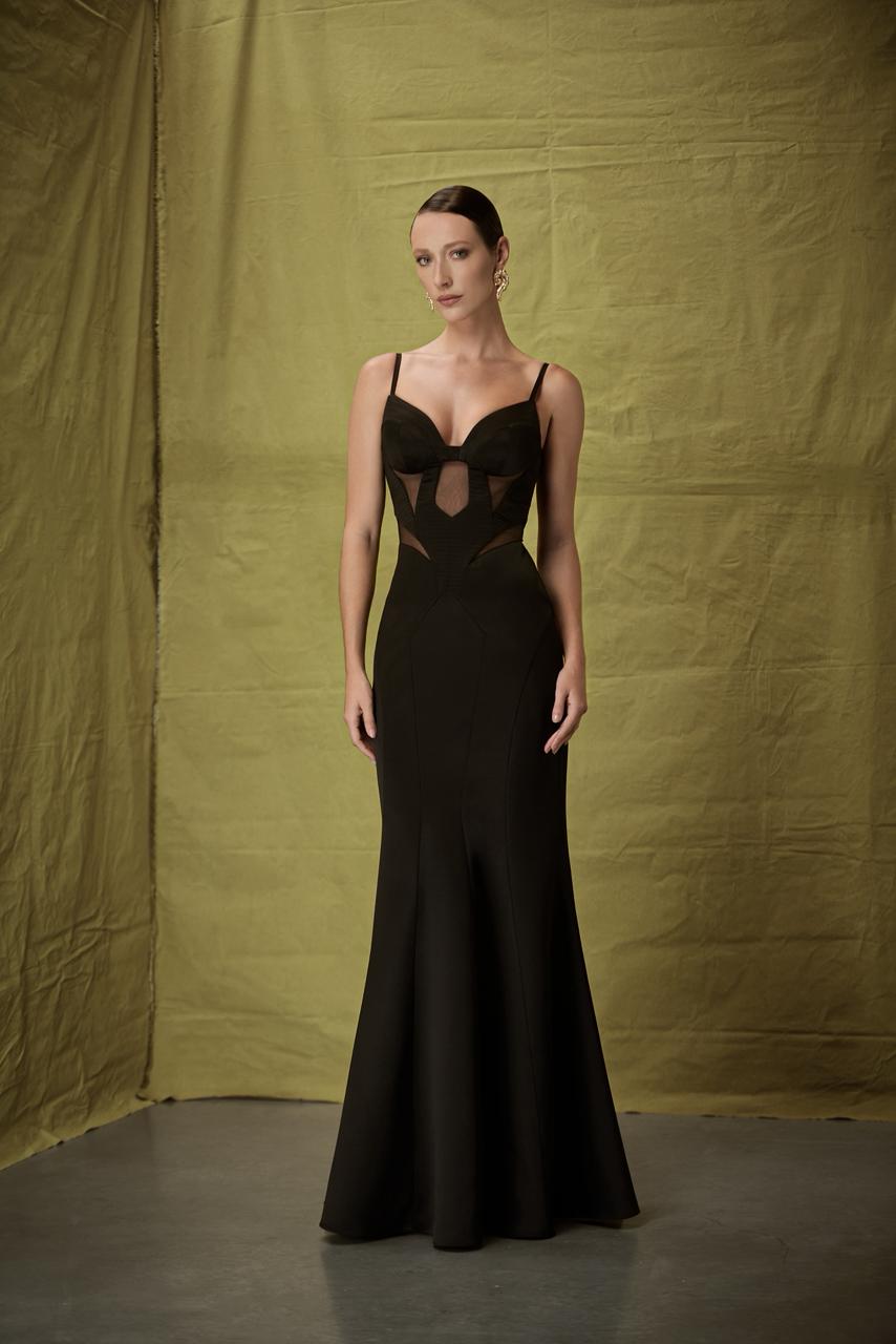 Black Sleeveless Gown with Mesh Cutouts and Front Bustier
