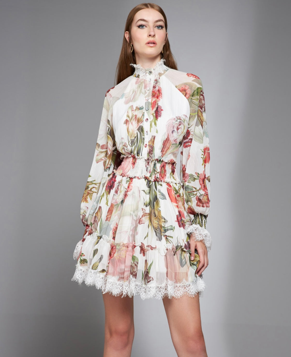 Neutral Colors Floral Ruffle Long Sleeve Short Dress