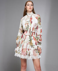 Neutral Colors Floral Ruffle Long Sleeve Short Dress