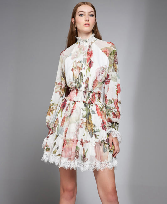 Neutral Colors Floral Ruffle Long Sleeve Short Dress