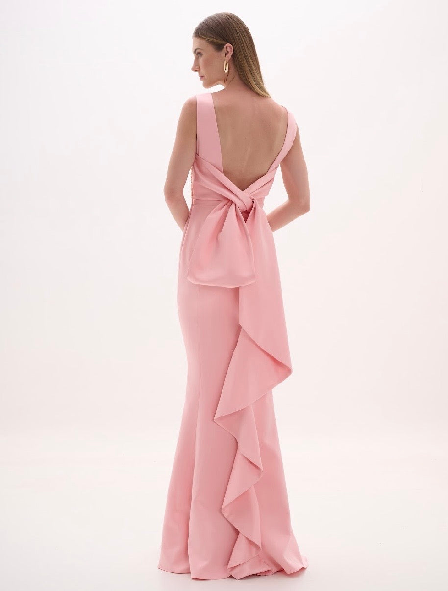 Pink Hand Beaded Oversized Back Ruffled Tie Dress