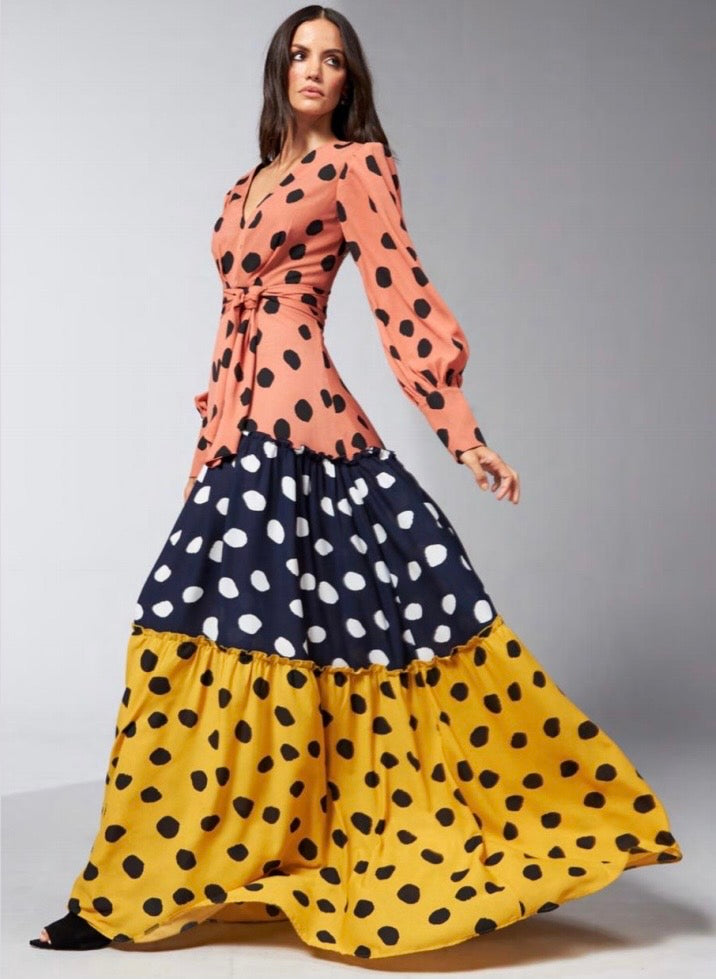 Tri Color Long Sleeved Polka Dot Dress