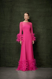 Hot Pink Long Sleeve Dress with Adorned Ostrich Feather on Sleeves and Bottom of Dress
