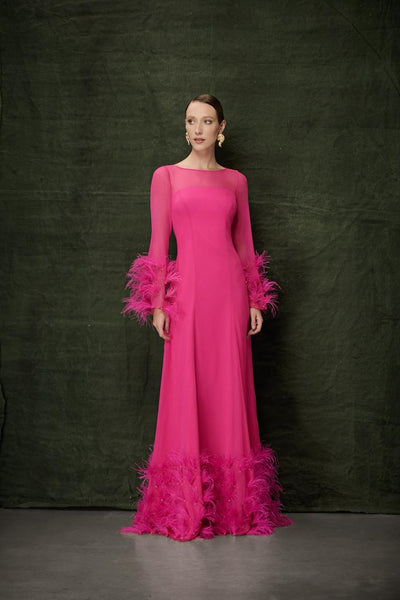 Hot Pink Long Sleeve Dress with Adorned Ostrich Feather on Sleeves and Bottom of Dress