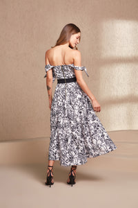 Nude and Black Floral Pleated Midi