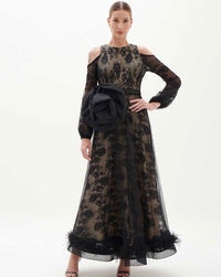 Nude and Black Lace Tulle Gown with Feathered Hem