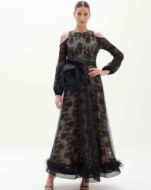 Nude and Black Lace Tulle Gown with Feathered Hem