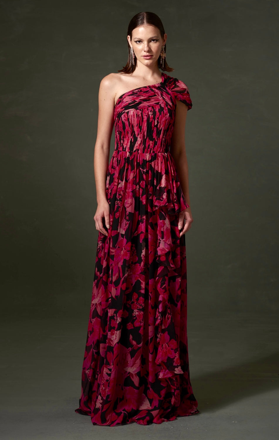 One Shoulder Floral Silk Gown