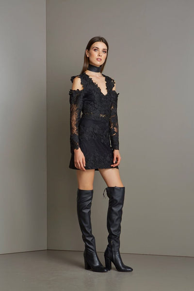 Black Lace Short Dress with Cold Shoulders