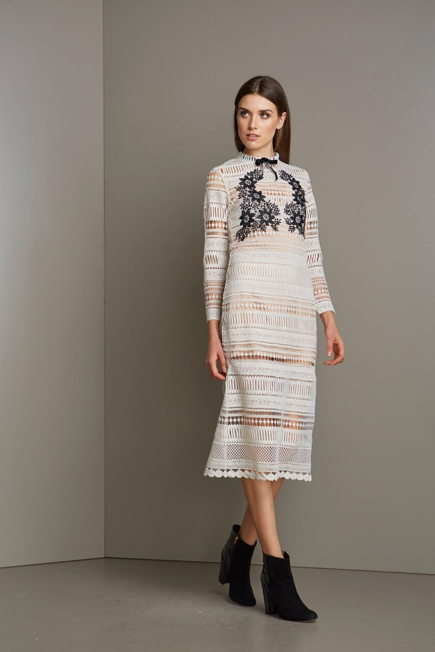 Nude Long Sleeves Lace Dress with Black Lace Patch Work