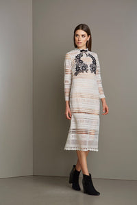 Nude Long Sleeves Lace Dress with Black Lace Patch Work