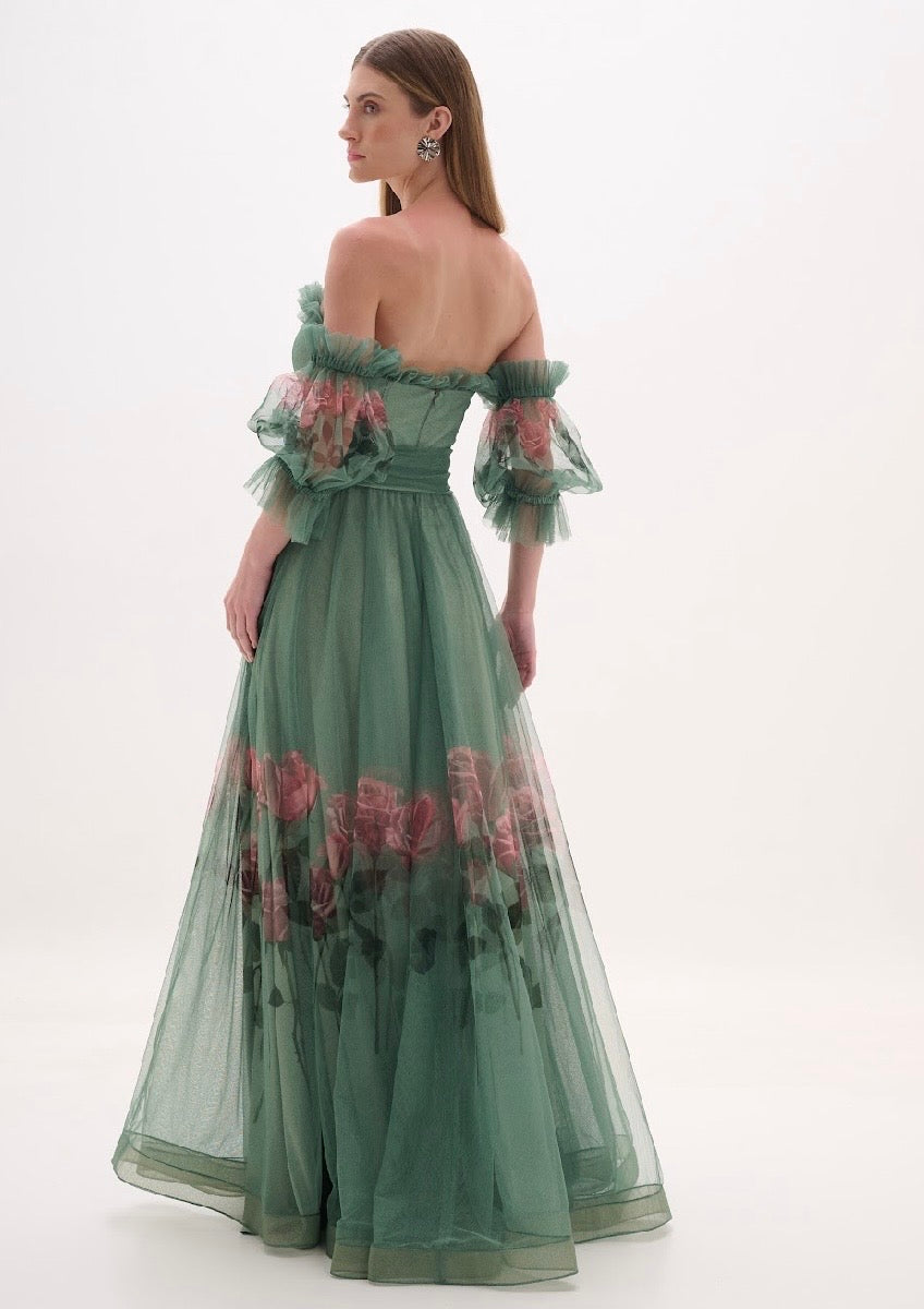 Sage Green and Pink Floral Strapless Gown
