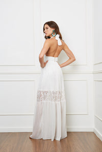 Off White Halter Lace Gold Striped Long Dress