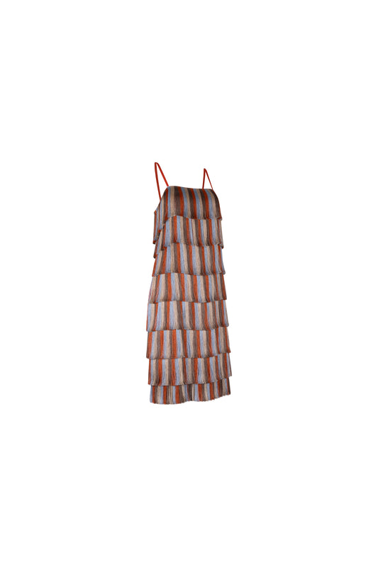 Orange Light Blue Fringe Sleeveless Dress