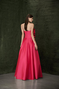 Fuchsia Strapless Gown with Asymmetrical Pleated Ruffle Front and Under Crinoline Structure Layer