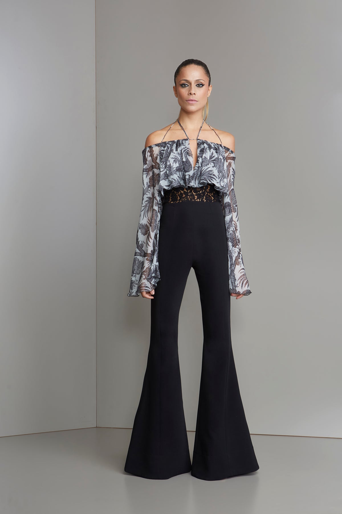 Gray Peacock Tropical Pattern Off Shoulder Jumpsuit