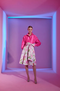 Two Piece Floral Skirt with Neon Pink Button Up Shirt