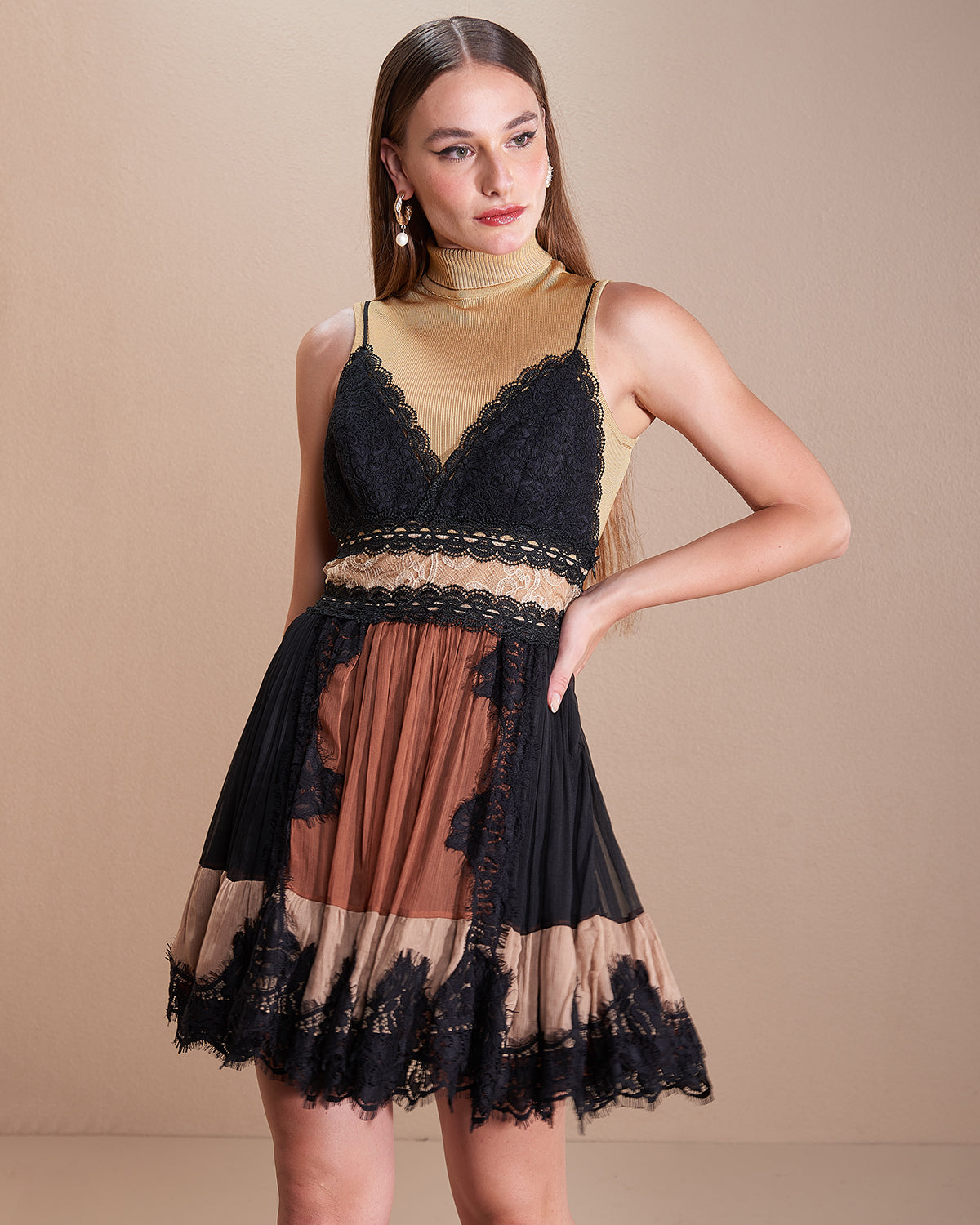Black and Earth Tones Lace Chiffon Dress