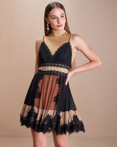 Black and Earth Tones Lace Chiffon Dress