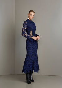 Navy Blue Long Sleeve Lace Dress