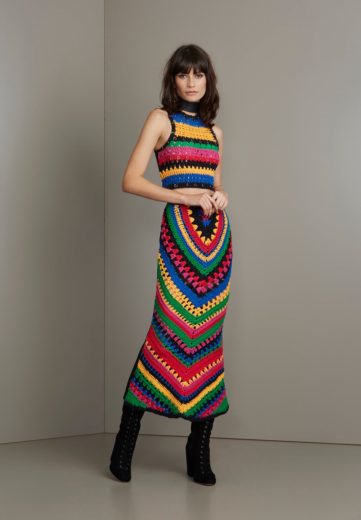 Multi-Color Crochet Two Piece Set Crop Top