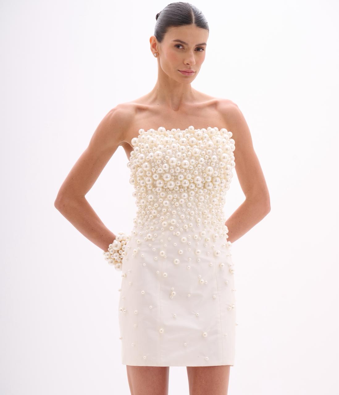 White Strapless Mini Dress with Pearl Applique
