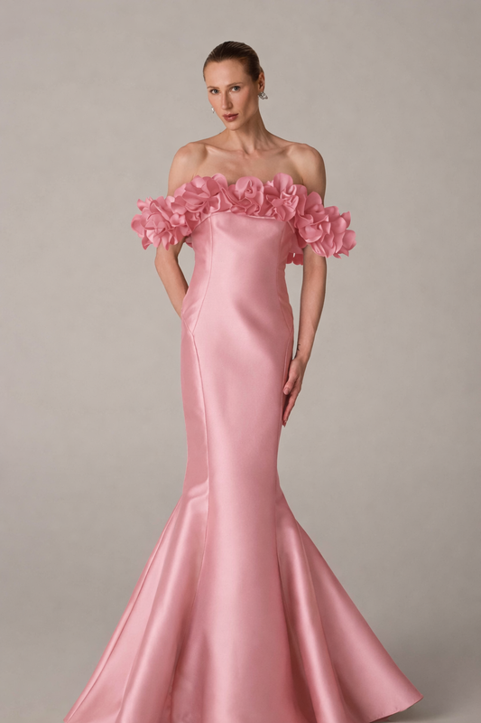 Blush Off the Shoulder Flower Applique Taffeta Long Dress